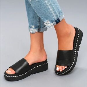 Chinese Laundry Promise Black Leather Flatform Slide Sandals